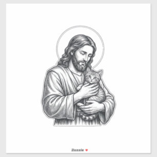 Sticker Jésus vintage tenant un chat gravure graphique_1