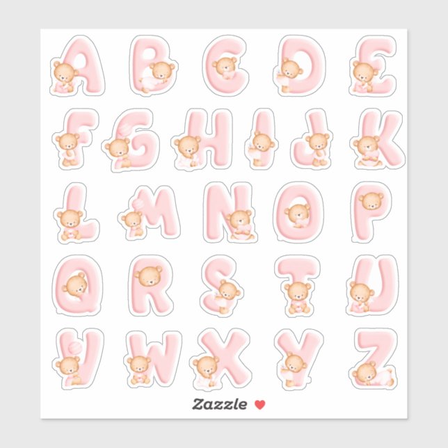 Sticker Jeu d'alphabet d'ours rose (Feuille)