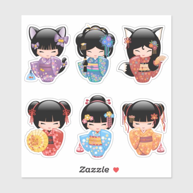 Sticker Jeu de poupées Kokeshi 2 - Japonais Kimono Geisha  (Feuille)