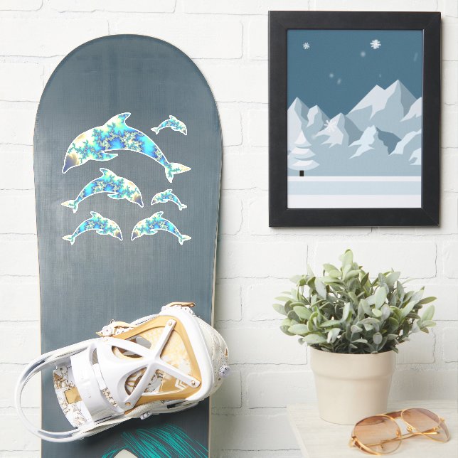 Sticker Jeu super de dauphins fractaux bleus et jaunes (Snowboard)