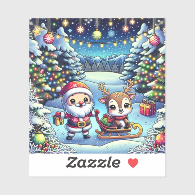 Sticker Joli Cartoon Père Noël et Reindeer Noël (Feuille)
