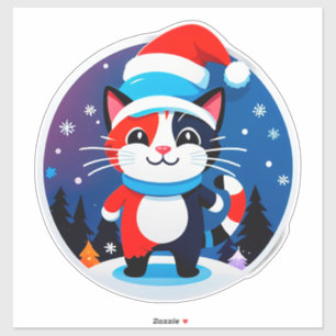 Sticker Joli Chat au Chapeau de Père Noël