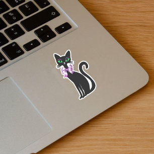 Sticker Joli Chat Noir Mince Yeux Verts Nœud Rose