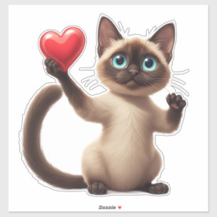 Sticker Joli chat siamois étreignant un cœur rouge avec am
