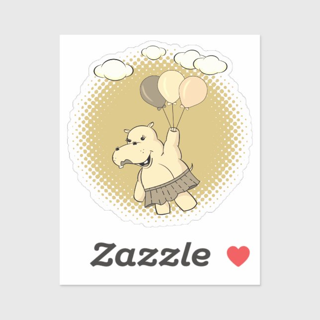 Sticker Joli Dessin Hippo Volant Avec Ballons (Feuille)
