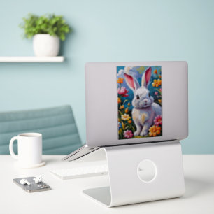 Sticker Joli Lapin Blanc Entouré de Fleurs Vibrantes