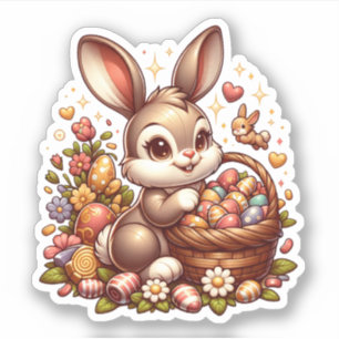 Sticker Joli lapin de Pâques Vintage, panier et oeufs
