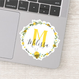 Sticker Joli Monogramme Jaune Aquarelle Abeilles Wreath