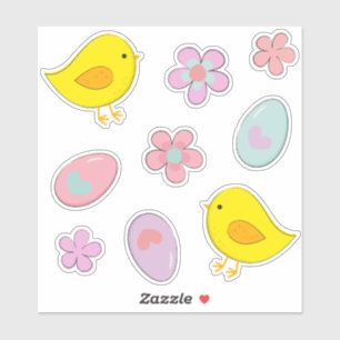 Sticker Joli Oeufs de Pâques Poussins Fleurs Pastel Set Pr