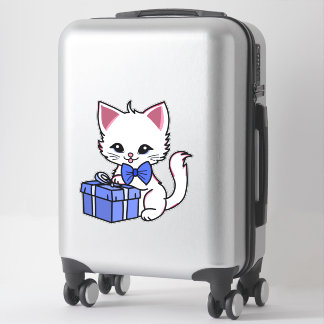Sticker Joli petit chaton blanc avec un cadeau bleu