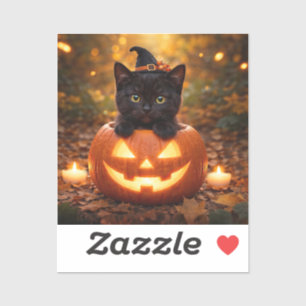 Sticker Joli petit chaton noir Halloween citrouille