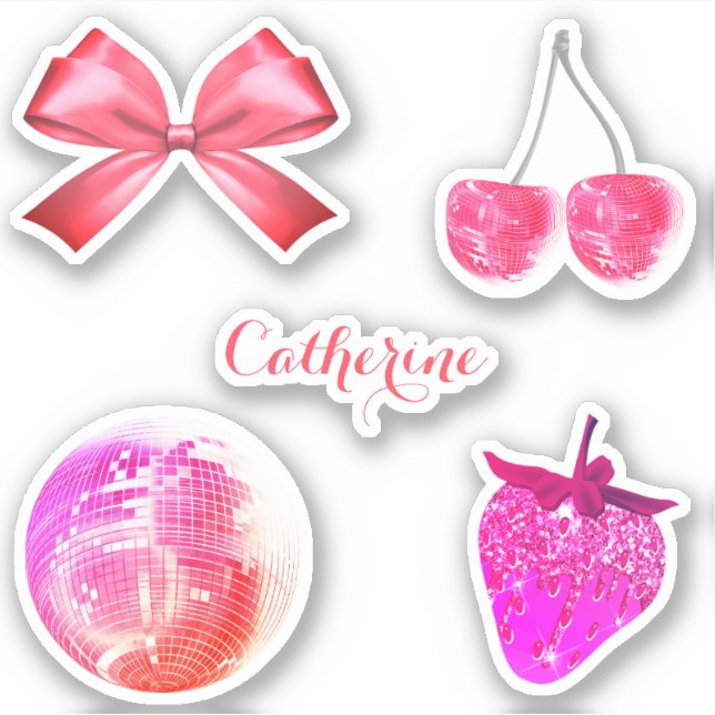 Sticker Joli ruban rose esthétique avec nom Cerise (Devant)