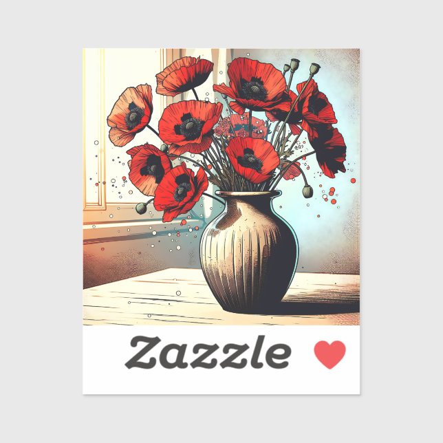 Sticker Joli Vase de Red Poppies (Feuille)