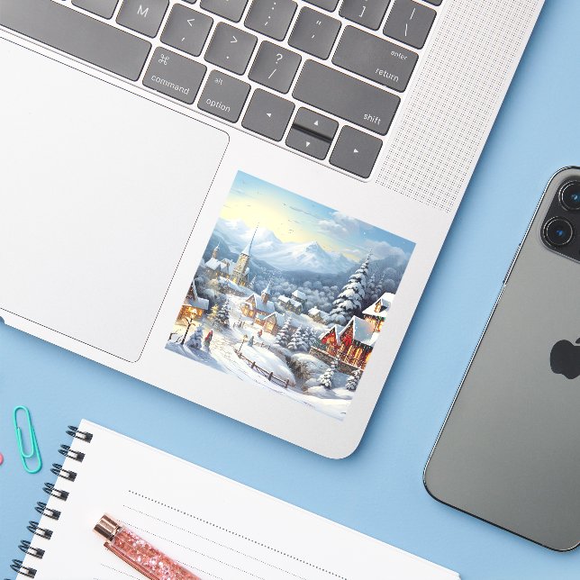 Sticker Joli village le jour de Noël (Ordinateur portable avec iPhone)