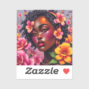 Sticker Jolie dame de couleur Fleurs roses Notes musicales