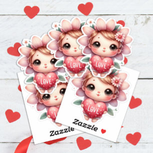 Sticker Jolie fée rose cœur rouge amour Saint-Valentin