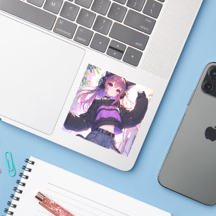 Sticker Jolie fille Anime dans casque avec oreilles de cha