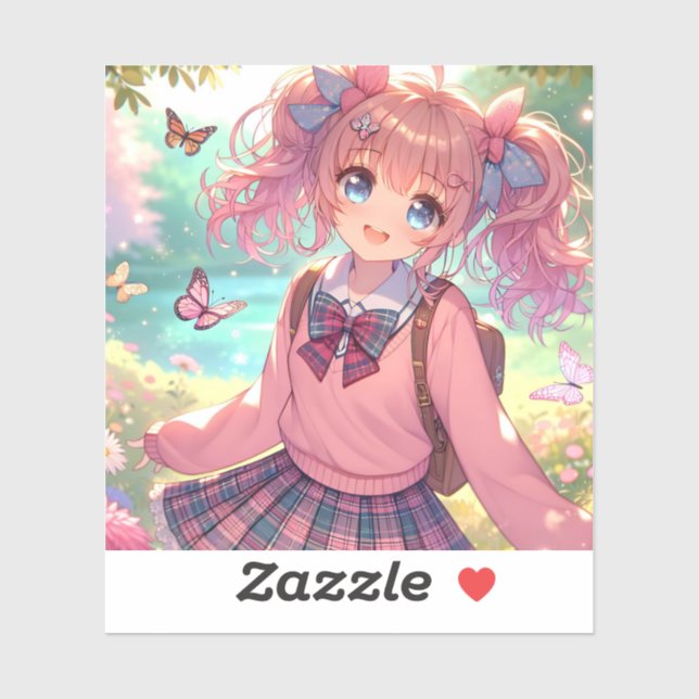 Sticker Jolie fille Anime en Pigtails Roses (Feuille)