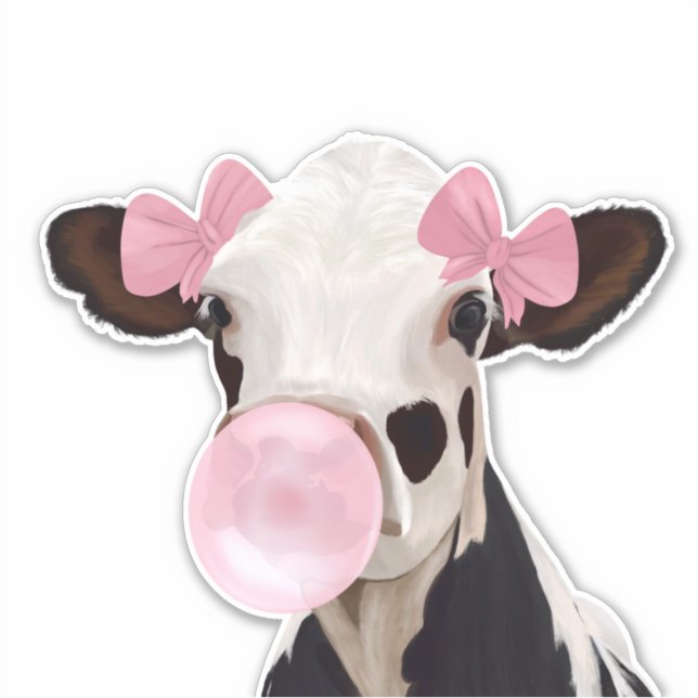 Sticker Jolie fille Bubblegum rose soufflant vache (Devant)