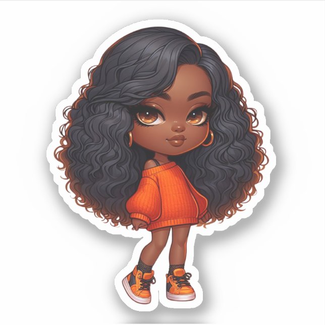 Sticker jolie fille chibi noire en orange (Devant)