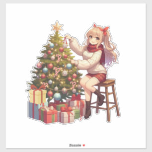 Sticker Jolie fille d'anime taillant l'arbre