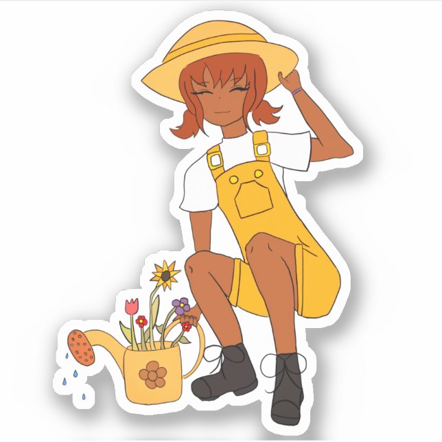 Sticker Jolie fille de jardinage avec fleurs (Devant)