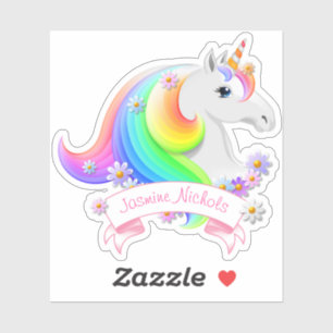 Sticker Jolie licorne arc-en-ciel Princesse avec fleurs
