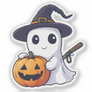 Sticker Jolie sorcière fantôme avec Jack-o-Lantern