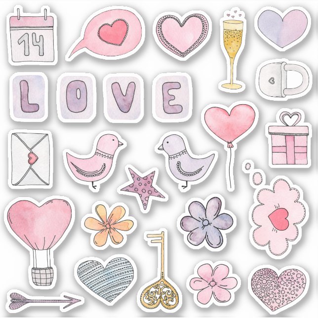 Sticker Jour des valentines d'aquarelle. Amour, coeur rose (Devant)