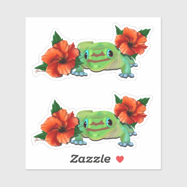 Sticker Jour Gecko Avec Hibiscus (Feuille)