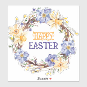 Sticker Joyeuse couronne fleurie de Pâques jaune et violet