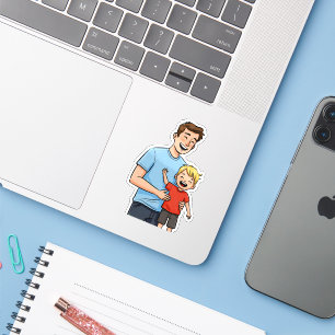 Sticker Joyeuse Fête des Pères Papa et Fils Bleu Cartoon