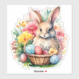 Sticker Joyeuse peinture d'aquarelle de lapin de Pâques