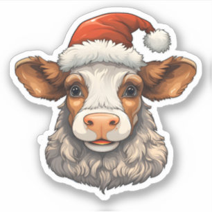 Sticker Joyeuse vache de Noël mignonne portant un chapeau 