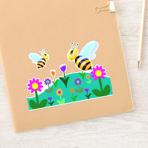 Sticker Joyeuses abeilles dans un champ de fleurs