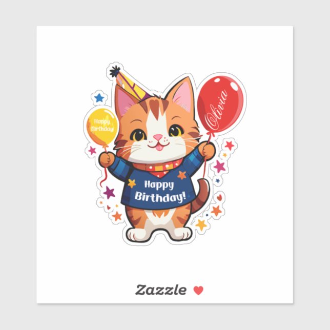 Sticker Joyeux Anniversaire Chat Au Ballon Rouge (Feuille)