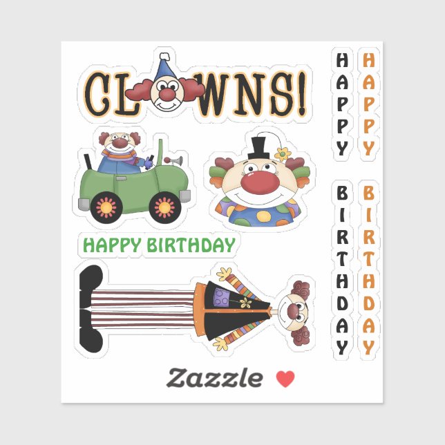 Sticker Joyeux anniversaire coloré et drôle clowns (Feuille)