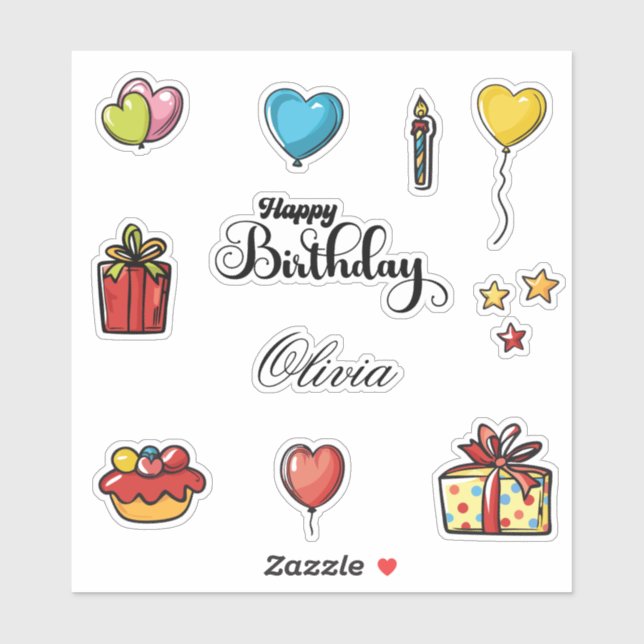 Sticker Joyeux Anniversaire Nom Heart Balloons & Cadeaux B (Feuille)