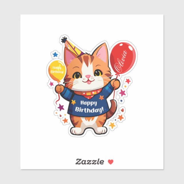 Sticker Joyeux Chat D'Anniversaire Avec Balcon Rouge (Feuille)