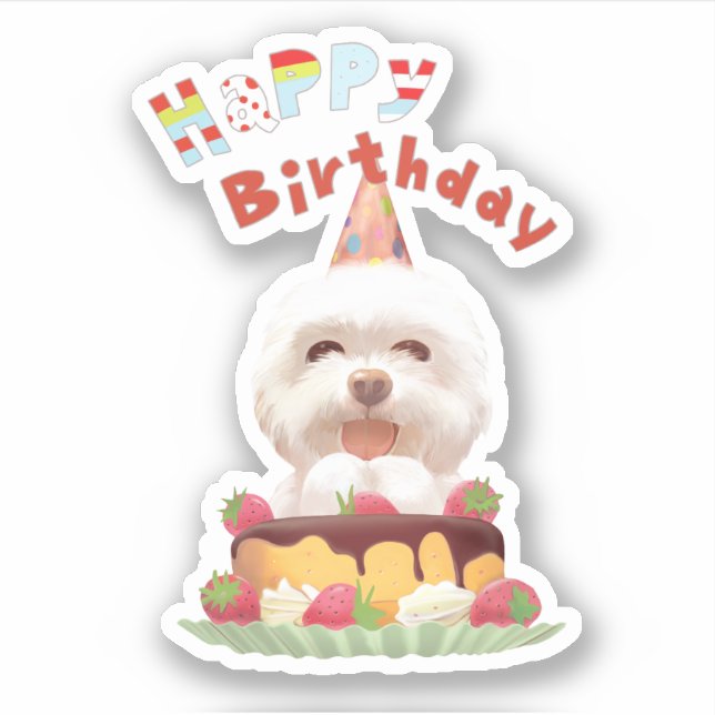 Sticker Joyeux chien d'anniversaire avec gâteau (Devant)