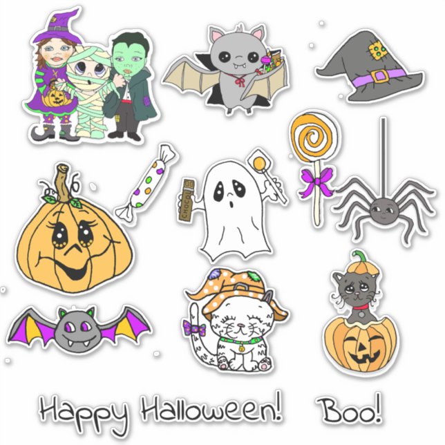 Sticker Joyeux Halloween, Citrouilles, Chauves-souris, Fan (Devant)