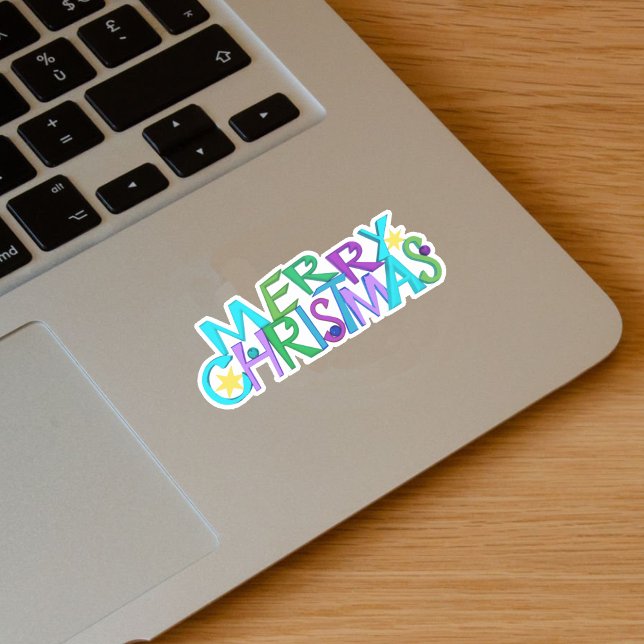 Sticker Joyeux Joyeux Texte de Noël aux étoiles (Merry Christmas text in bright colourful letters with yellow stars ornaments on vinyl sticker.)