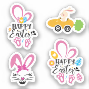 Sticker Joyeux Lapin De Pâques Cute Avec Oeufs Collection 