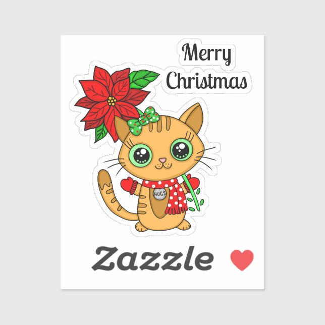 Sticker Joyeux Noël Orange Chat avec Poinsettia (Feuille)