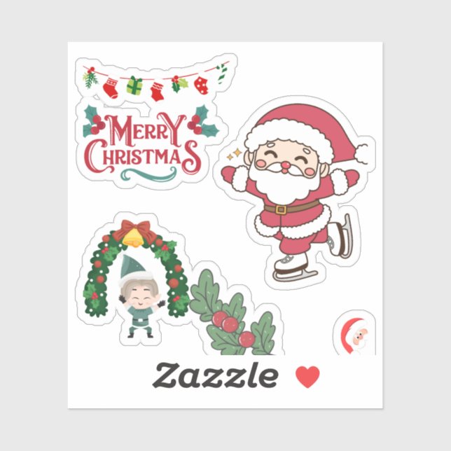 Sticker Joyeux Noël Père Noël Patinage Enfants Vacances (Feuille)