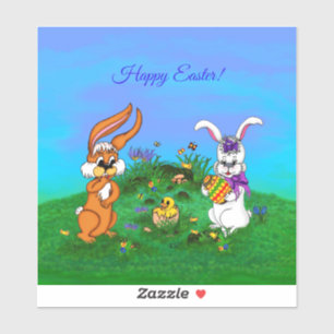 Sticker Joyeux Pâques ! Lapin avec Bunny et Chick