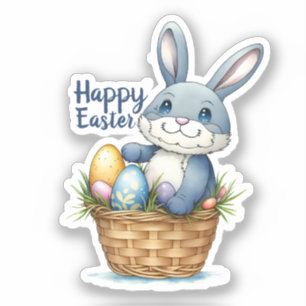 Sticker Joyeux Pâques, Lapin Dans Le Panier D'Oeufs