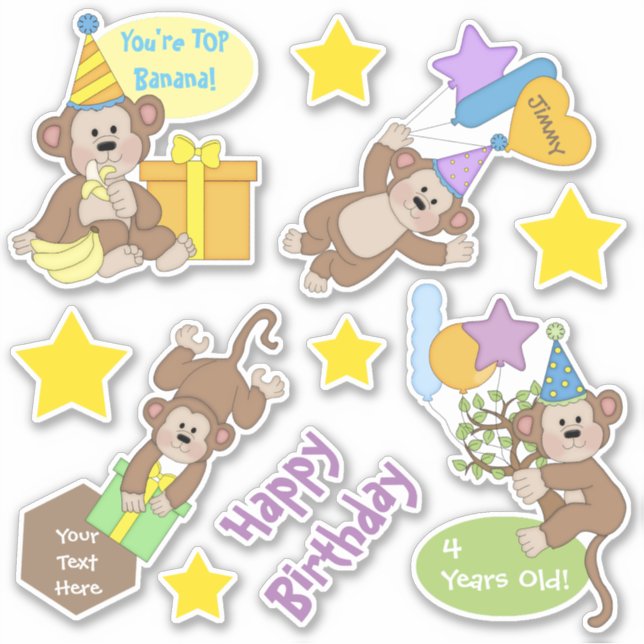 Sticker Joyeux singes et étoiles d'anniversaire (Devant)