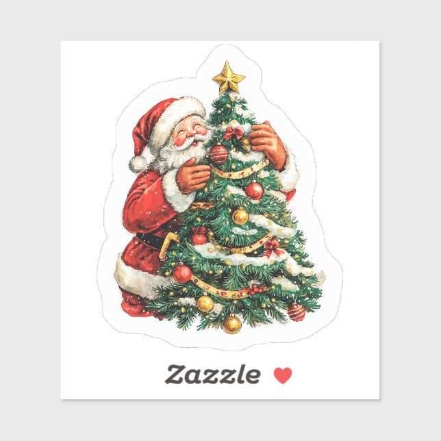 Sticker Joyful Santa Decorating a Festive Christmas Tree (Feuille)