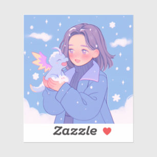 Sticker Kawaii Anime Girl with Baby Dragon in Winter Snow